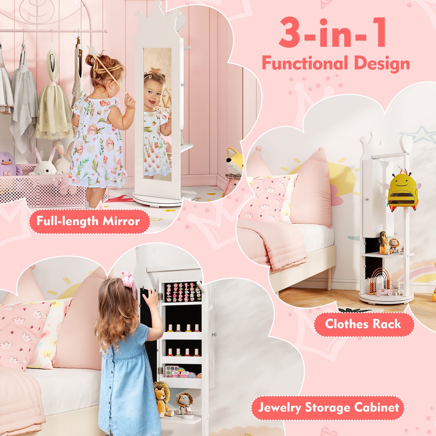 Free-Standing Full Length Mirror Kids Jewelry Armoire Cabinet-White Kids Crystal