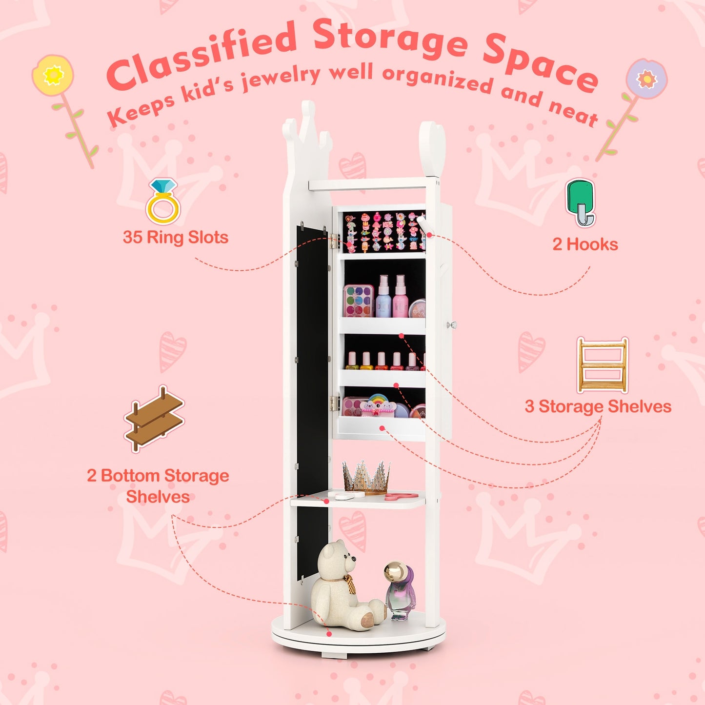 Free-Standing Full Length Mirror Kids Jewelry Armoire Cabinet-White Kids Crystal