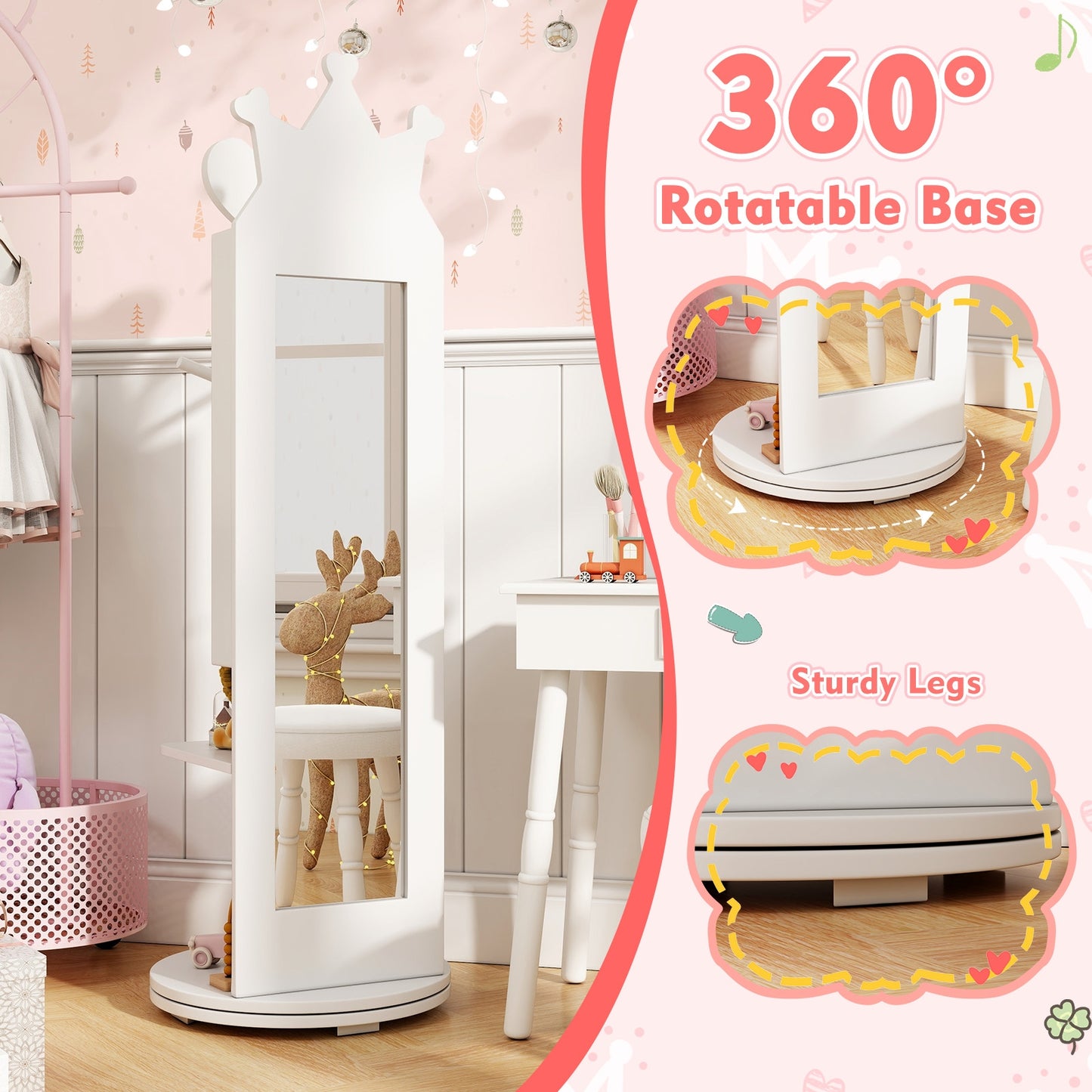 Free-Standing Full Length Mirror Kids Jewelry Armoire Cabinet-White Kids Crystal