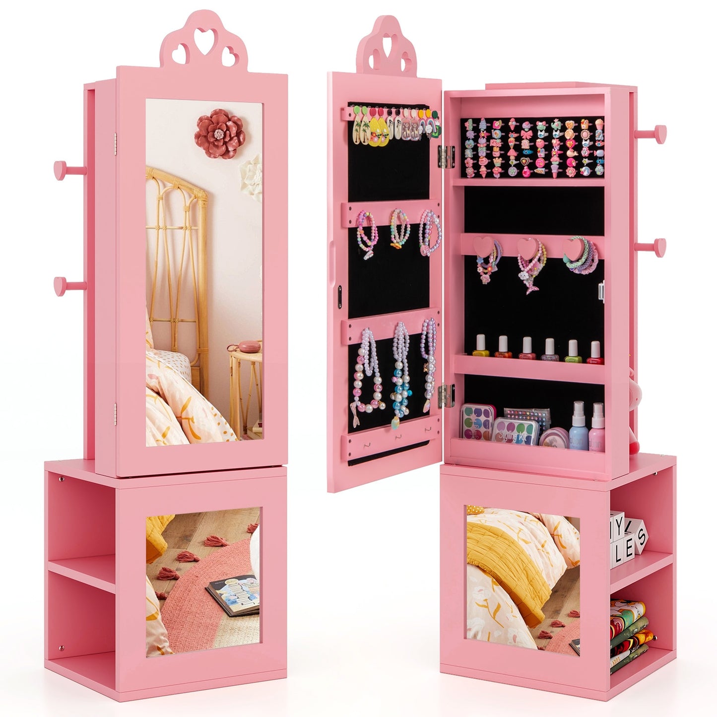 3-in-1 Freestanding Kids Jewelry Cabinet Armoire with Full Length Mirror-Pink Kids Crystal