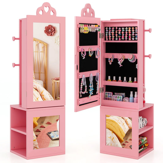 3-in-1 Freestanding Kids Jewelry Cabinet Armoire with Full Length Mirror-Pink Kids Crystal