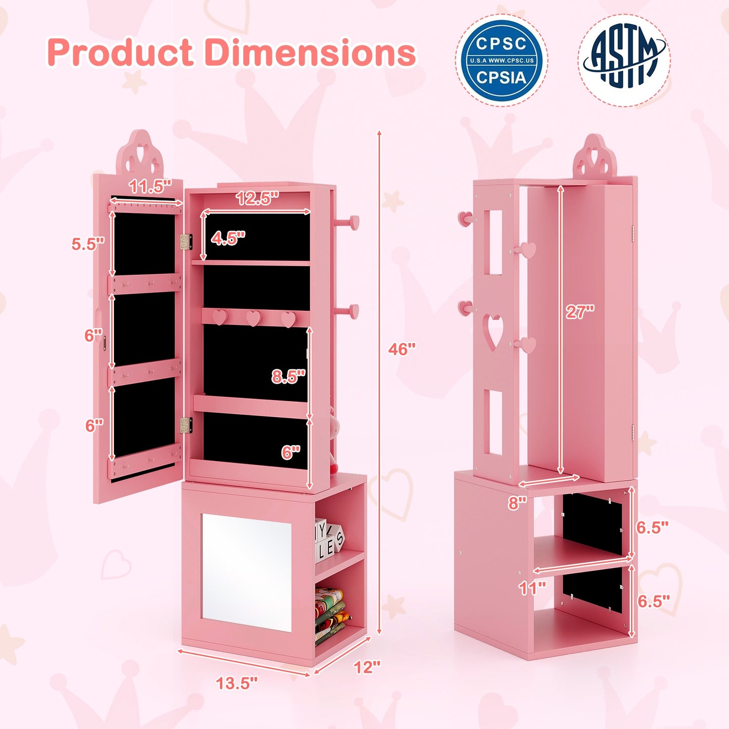 3-in-1 Freestanding Kids Jewelry Cabinet Armoire with Full Length Mirror-Pink Kids Crystal