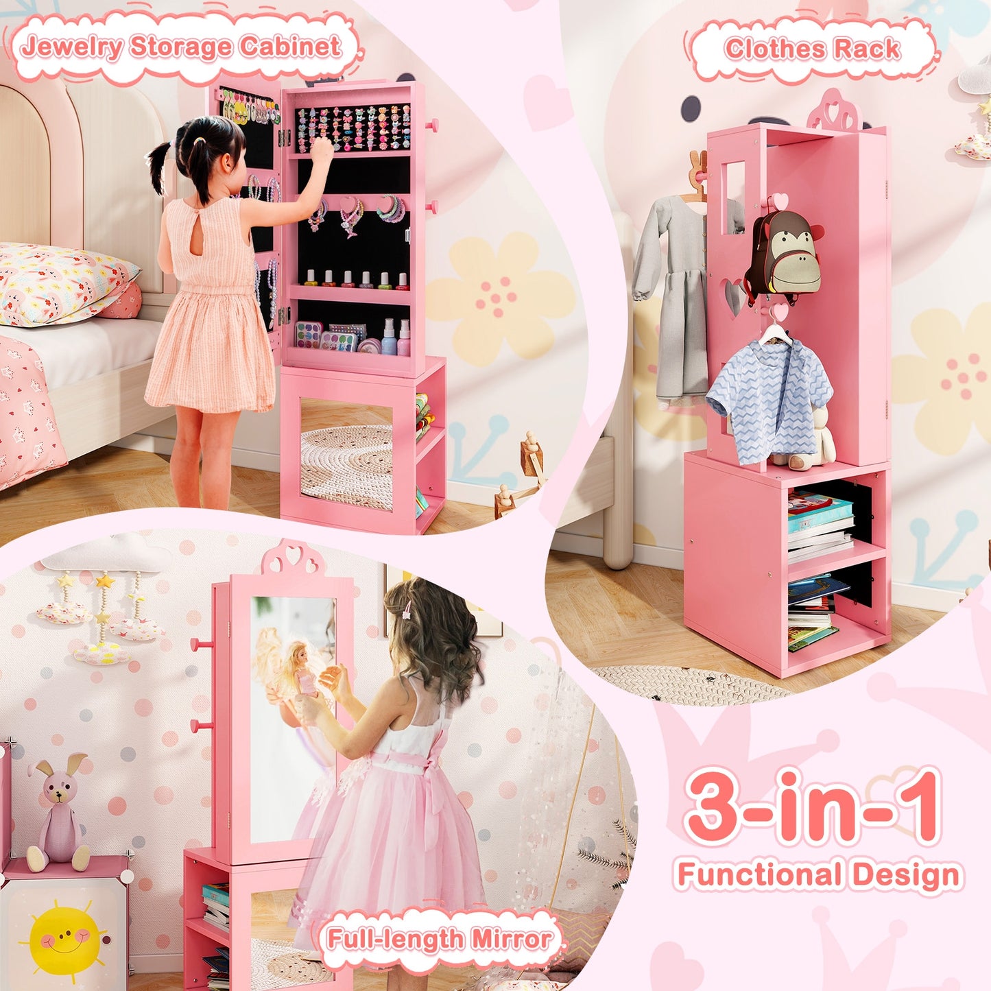 3-in-1 Freestanding Kids Jewelry Cabinet Armoire with Full Length Mirror-Pink Kids Crystal