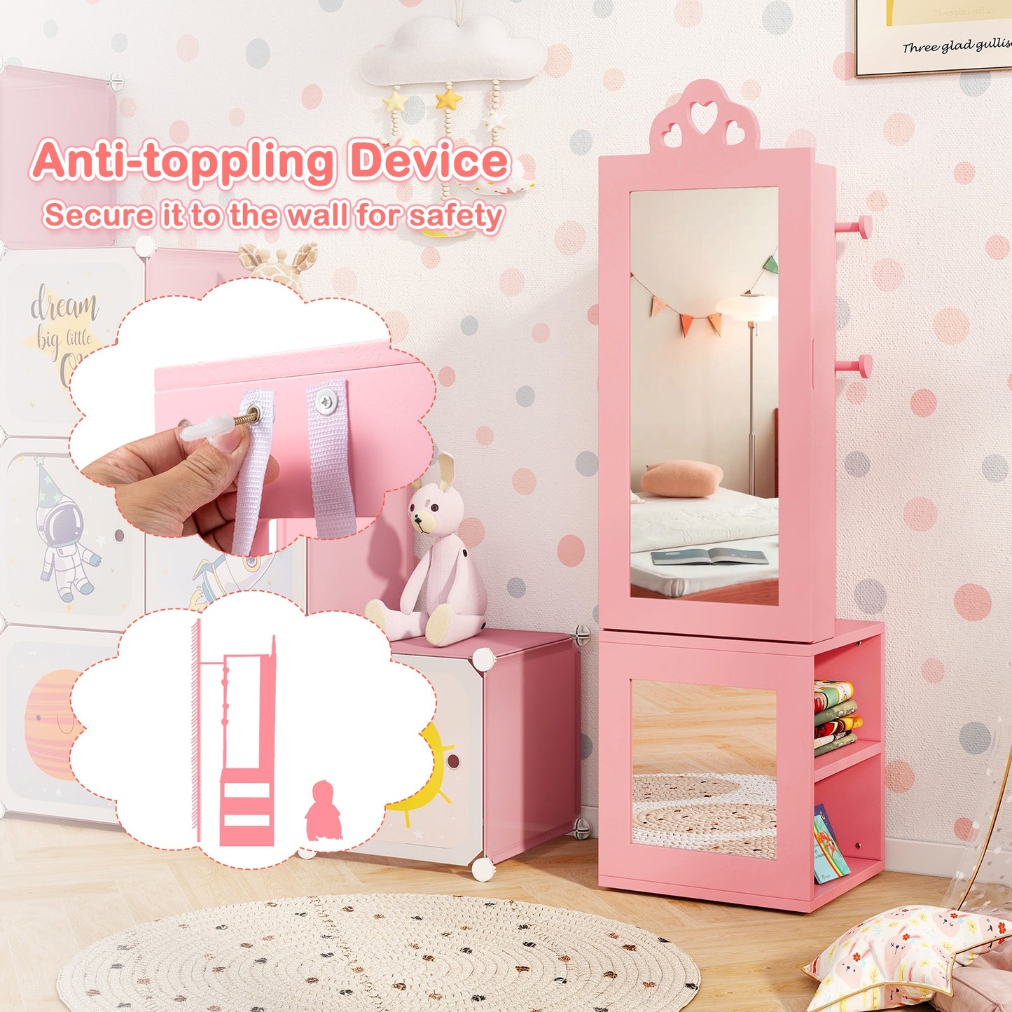 3-in-1 Freestanding Kids Jewelry Cabinet Armoire with Full Length Mirror-Pink Kids Crystal