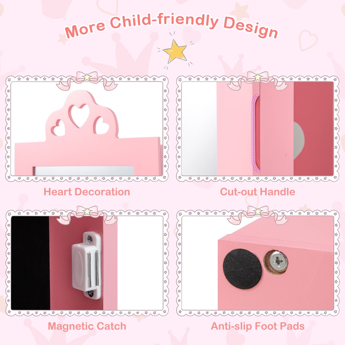 3-in-1 Freestanding Kids Jewelry Cabinet Armoire with Full Length Mirror-Pink Kids Crystal
