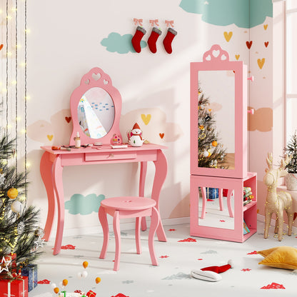 3-in-1 Freestanding Kids Jewelry Cabinet Armoire with Full Length Mirror-Pink