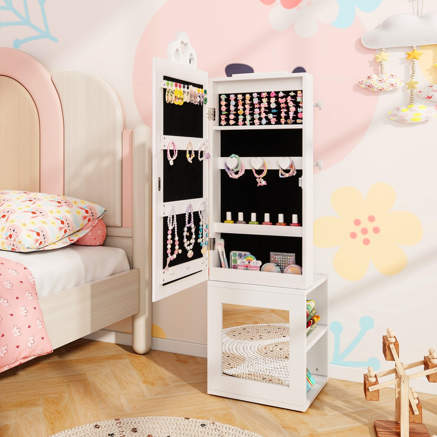 3-in-1 Freestanding Kids Jewelry Cabinet Armoire with Full Length Mirror-White Kids Crystal