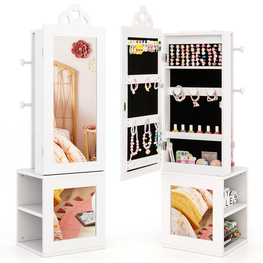 3-in-1 Freestanding Kids Jewelry Cabinet Armoire with Full Length Mirror-White Kids Crystal
