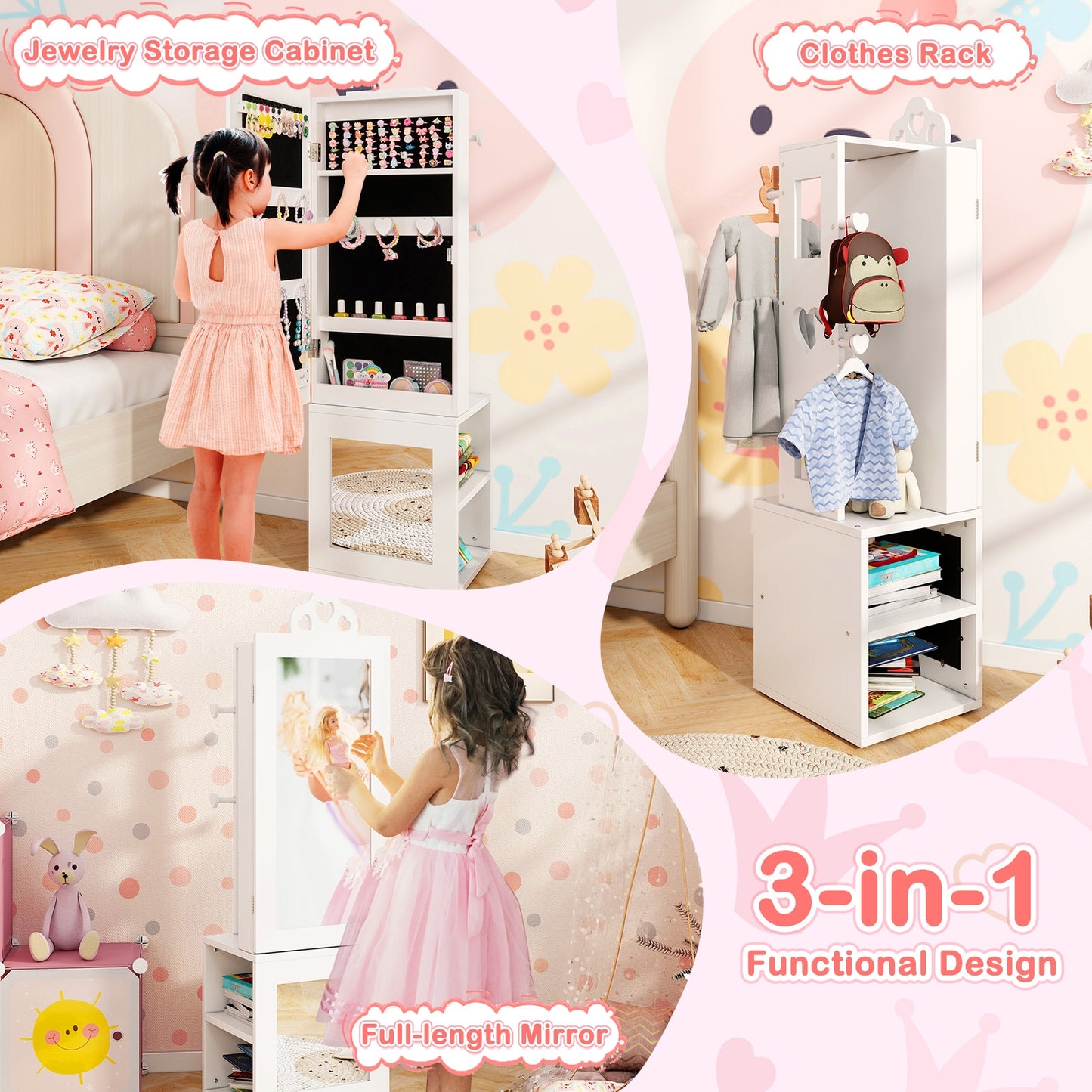 3-in-1 Freestanding Kids Jewelry Cabinet Armoire with Full Length Mirror-White Kids Crystal