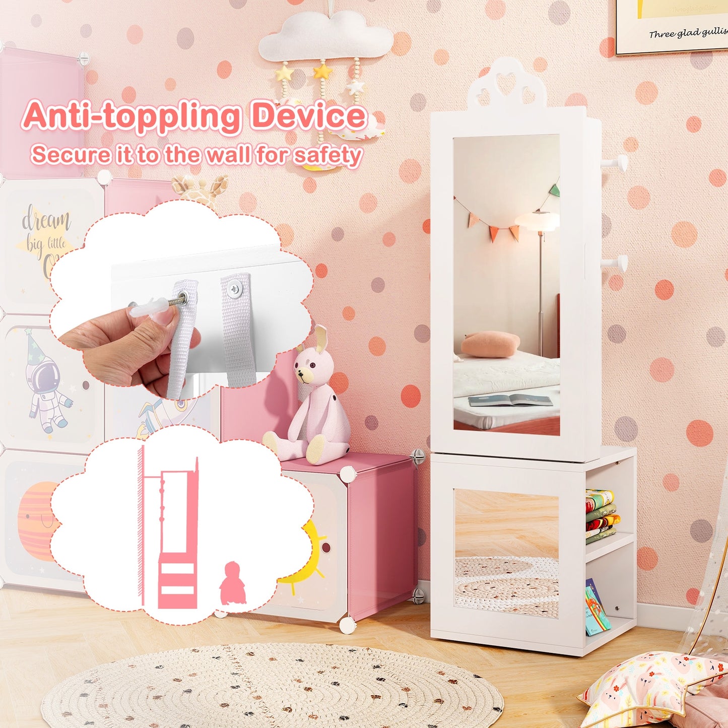 3-in-1 Freestanding Kids Jewelry Cabinet Armoire with Full Length Mirror-White Kids Crystal