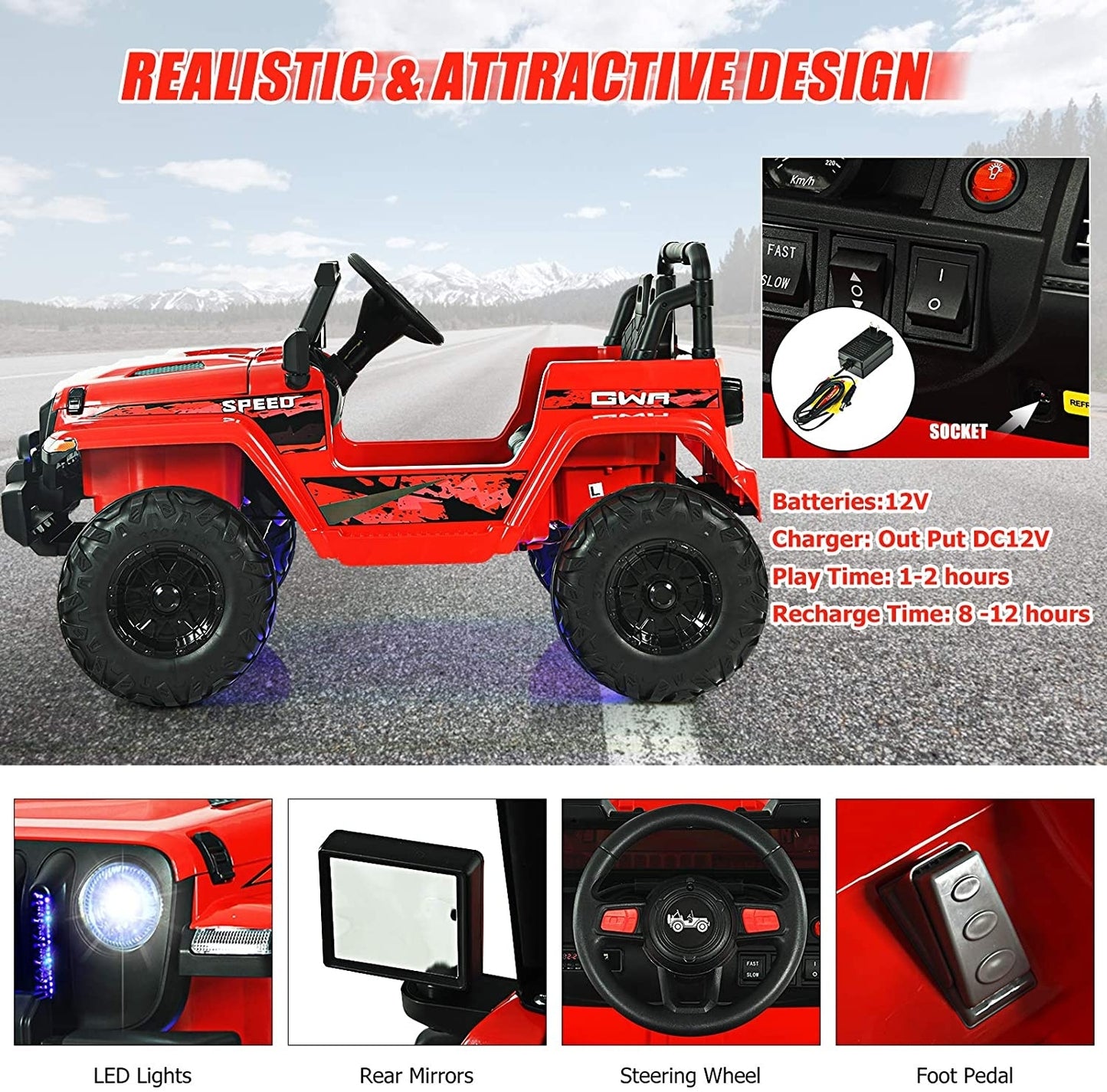 12V Kids Ride-on Jeep Car with 2.4 G Remote Control-Red