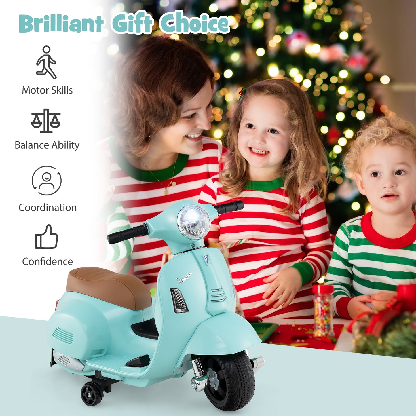 Kids Ride on Motorcycle Licensed Vespa with LED Headlight and Horn Sound-Green