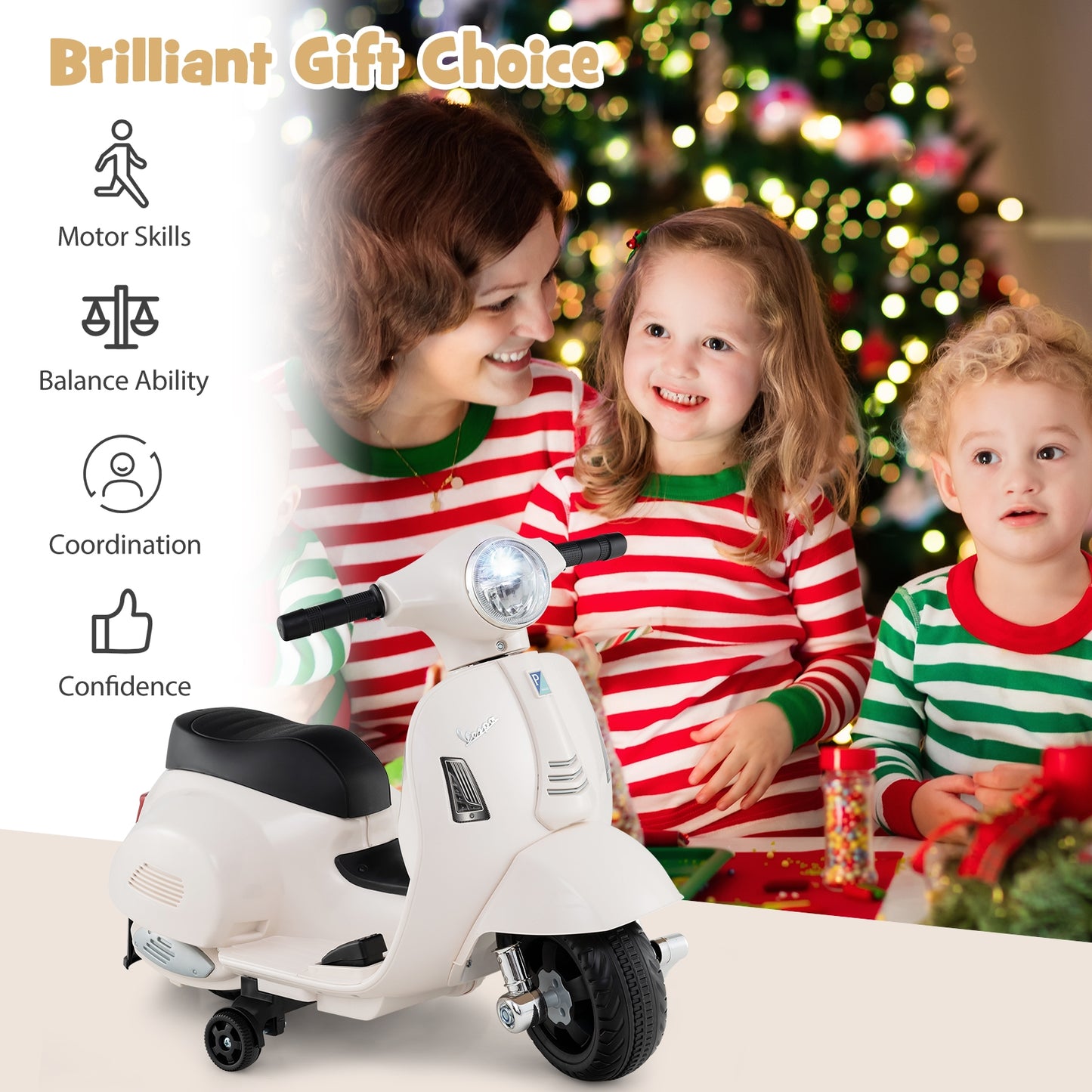 Kids Ride on Motorcycle Licensed Vespa with LED Headlight and Horn Sound-White