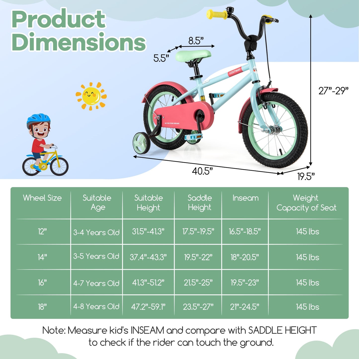 Kids Bike with Adjustable Handlebar and Saddle Blue-14 inches Kids Crystal