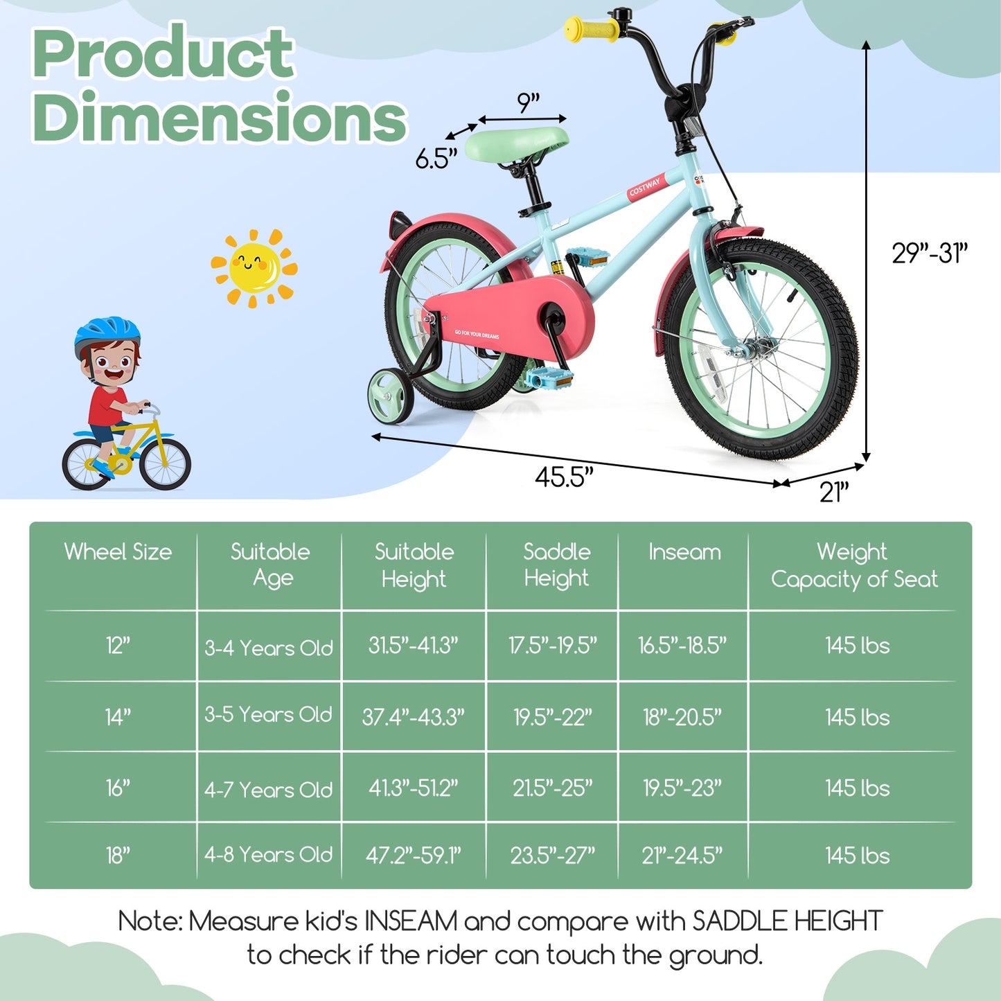 Kids Bike with Adjustable Handlebar and Saddle Blue-16 inches Kids Crystal