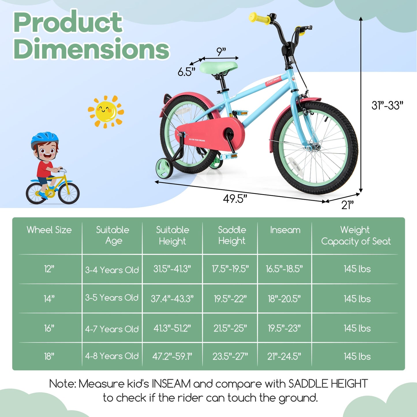 Kids Bike with Adjustable Handlebar and Saddle Blue-18 inches Kids Crystal