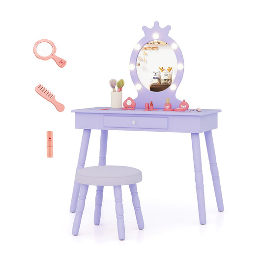 Kids Vanity Set with Lighted Mirror with Adjustable Brightness and Large Drawer-Purple