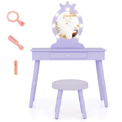 Kids Vanity Set with Lighted Mirror with Adjustable Brightness and Large Drawer-Purple