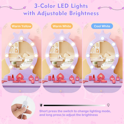 Kids Vanity Set with Lighted Mirror with Adjustable Brightness and Large Drawer-Purple