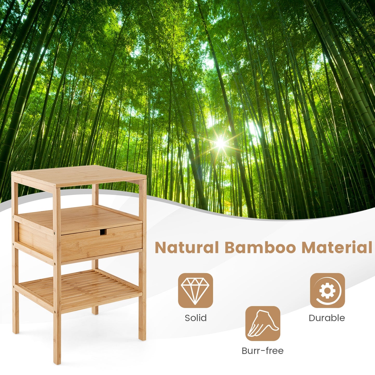 Bamboo Nightstand with Storage Drawer and Slatted Shelf-1 Piece Kids Crystal