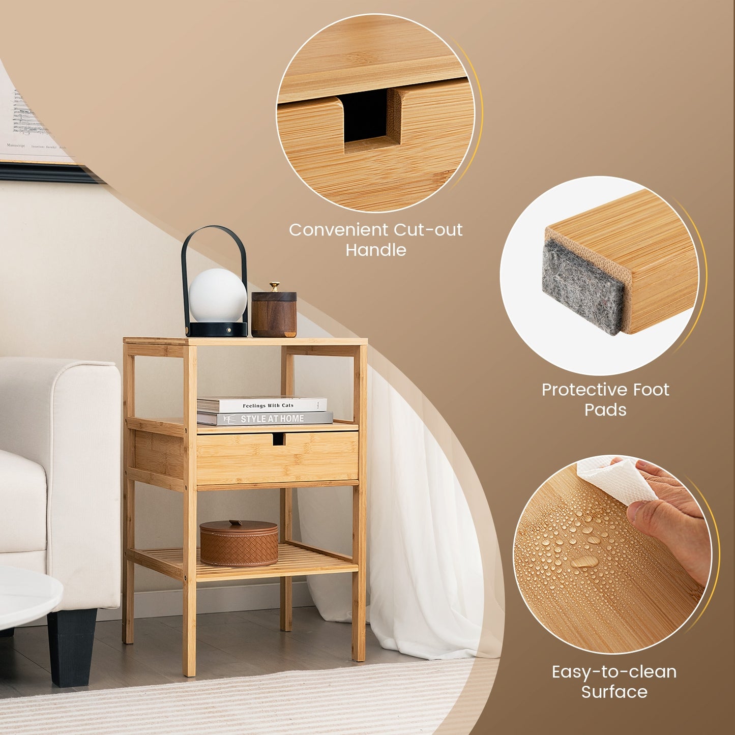 Bamboo Nightstand with Storage Drawer and Slatted Shelf-1 Piece Kids Crystal