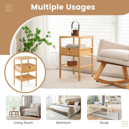 Bamboo Nightstand with Storage Drawer and Slatted Shelf-1 Piece