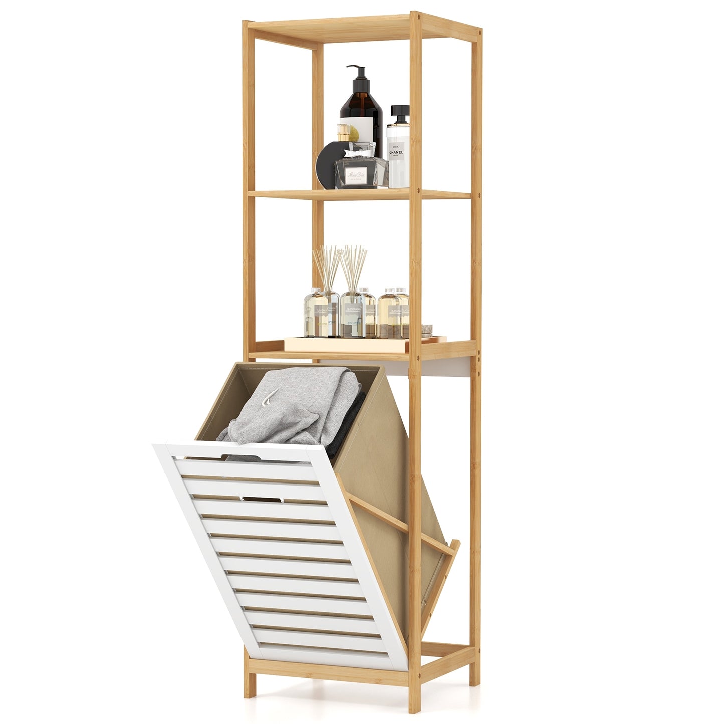 3-Tier Tilt-Out Laundry Hamper with Storage Shelves for Laundry Room-Natural and White Kids Crystal