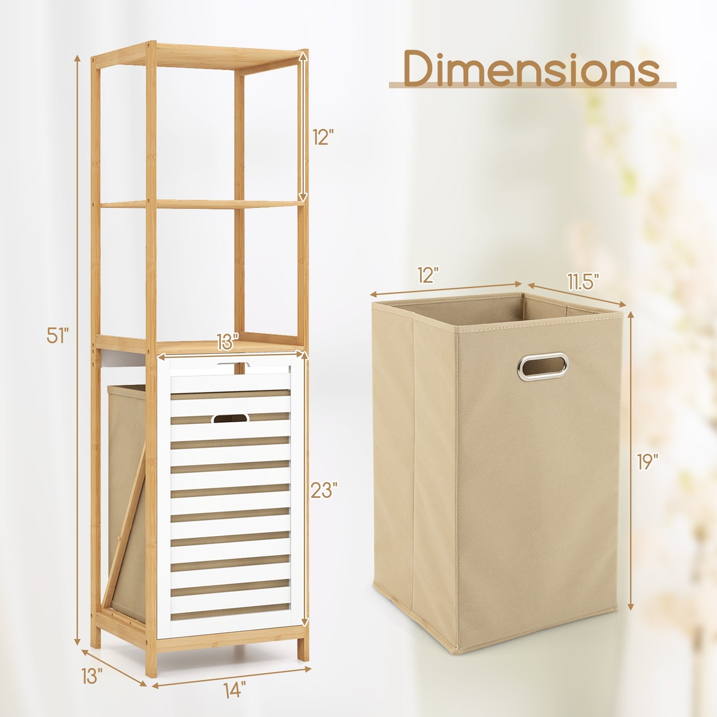 3-Tier Tilt-Out Laundry Hamper with Storage Shelves for Laundry Room-Natural and White Kids Crystal