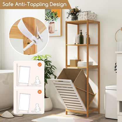3-Tier Tilt-Out Laundry Hamper with Storage Shelves for Laundry Room-Natural and White