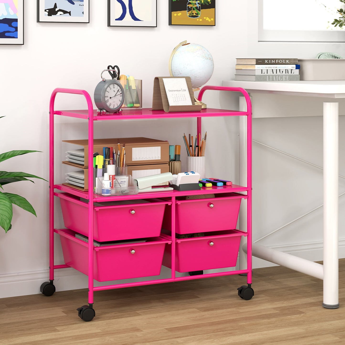 4 Drawers Shelves Rolling Storage Cart Rack-Hot Pink Kids Crystal