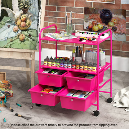 4 Drawers Shelves Rolling Storage Cart Rack-Hot Pink