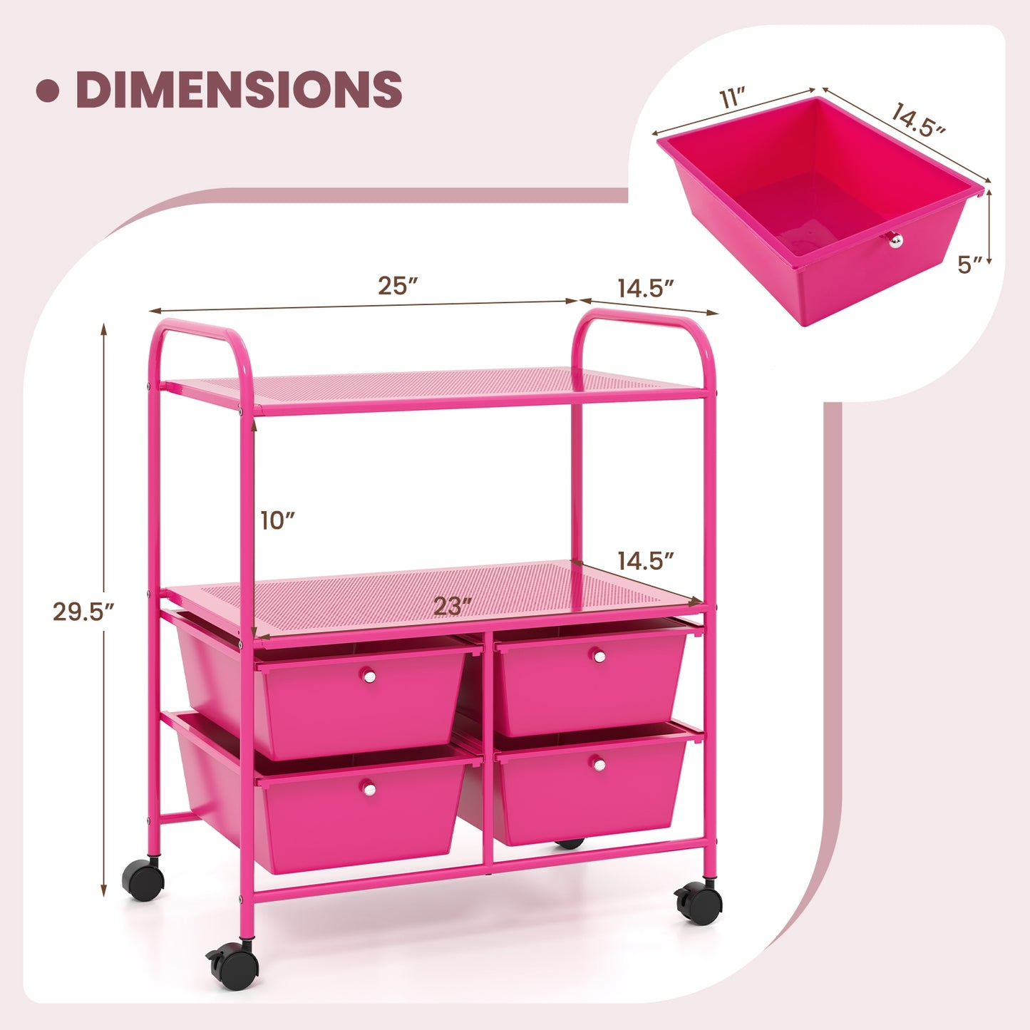 4 Drawers Shelves Rolling Storage Cart Rack-Hot Pink Kids Crystal