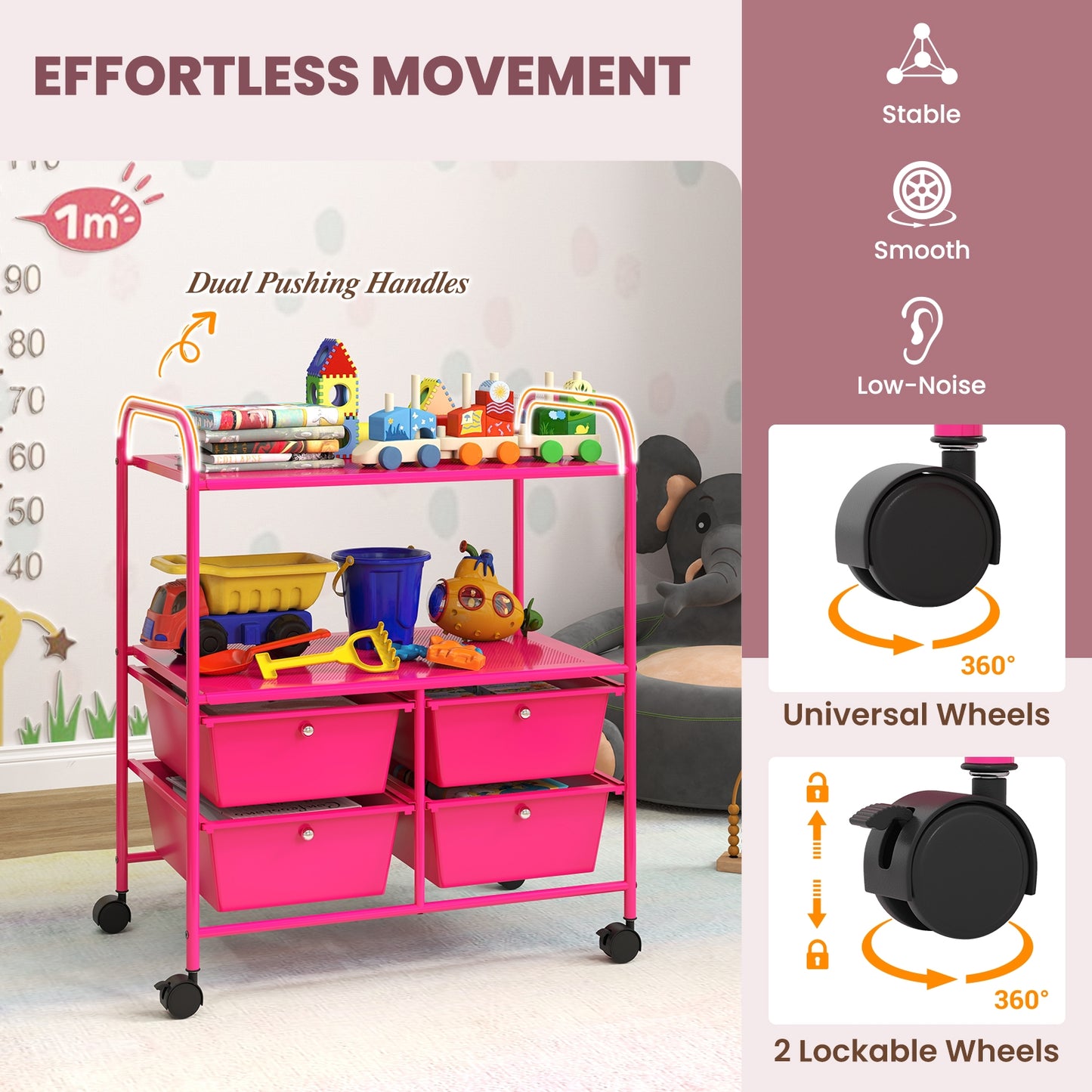 4 Drawers Shelves Rolling Storage Cart Rack-Hot Pink Kids Crystal