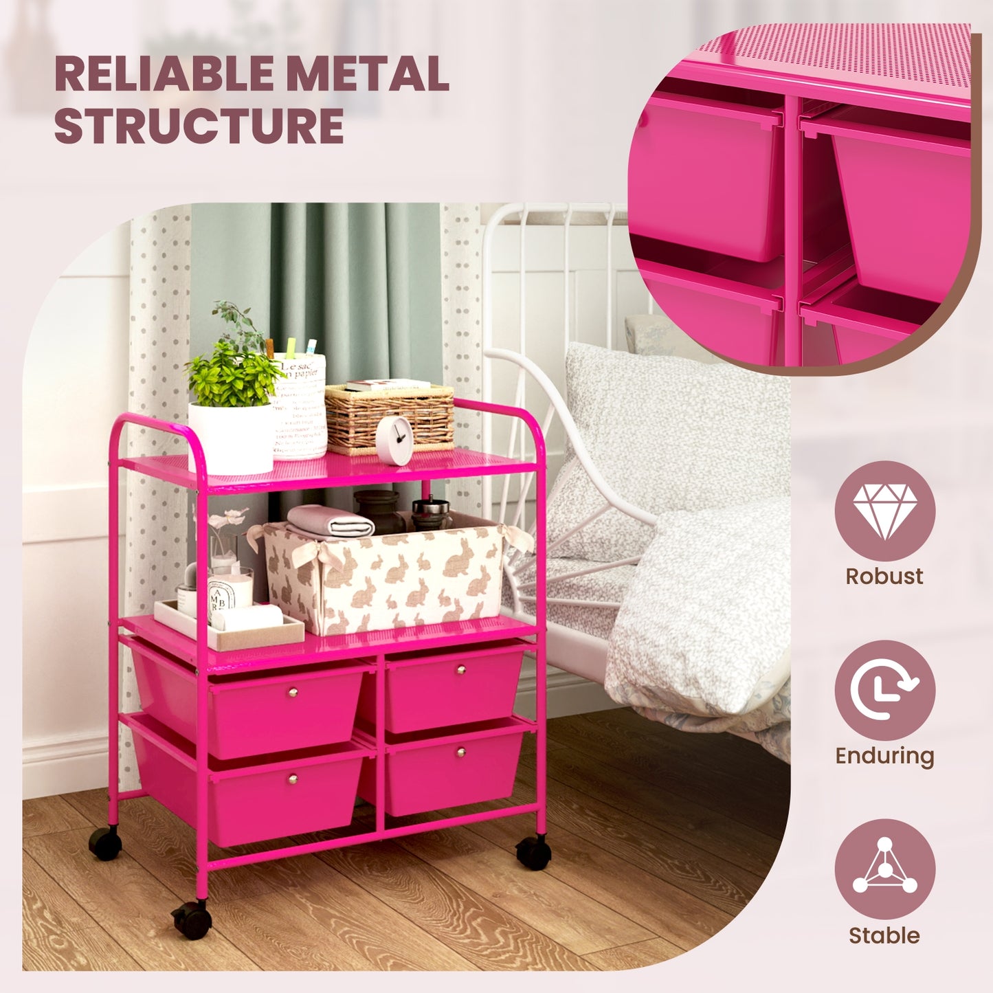 4 Drawers Shelves Rolling Storage Cart Rack-Hot Pink Kids Crystal