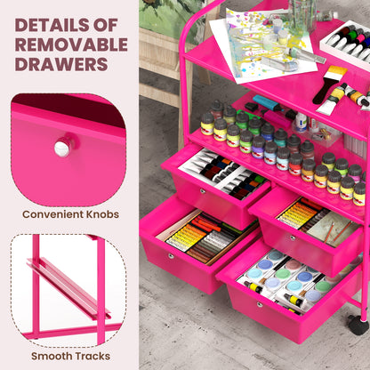 4 Drawers Shelves Rolling Storage Cart Rack-Hot Pink