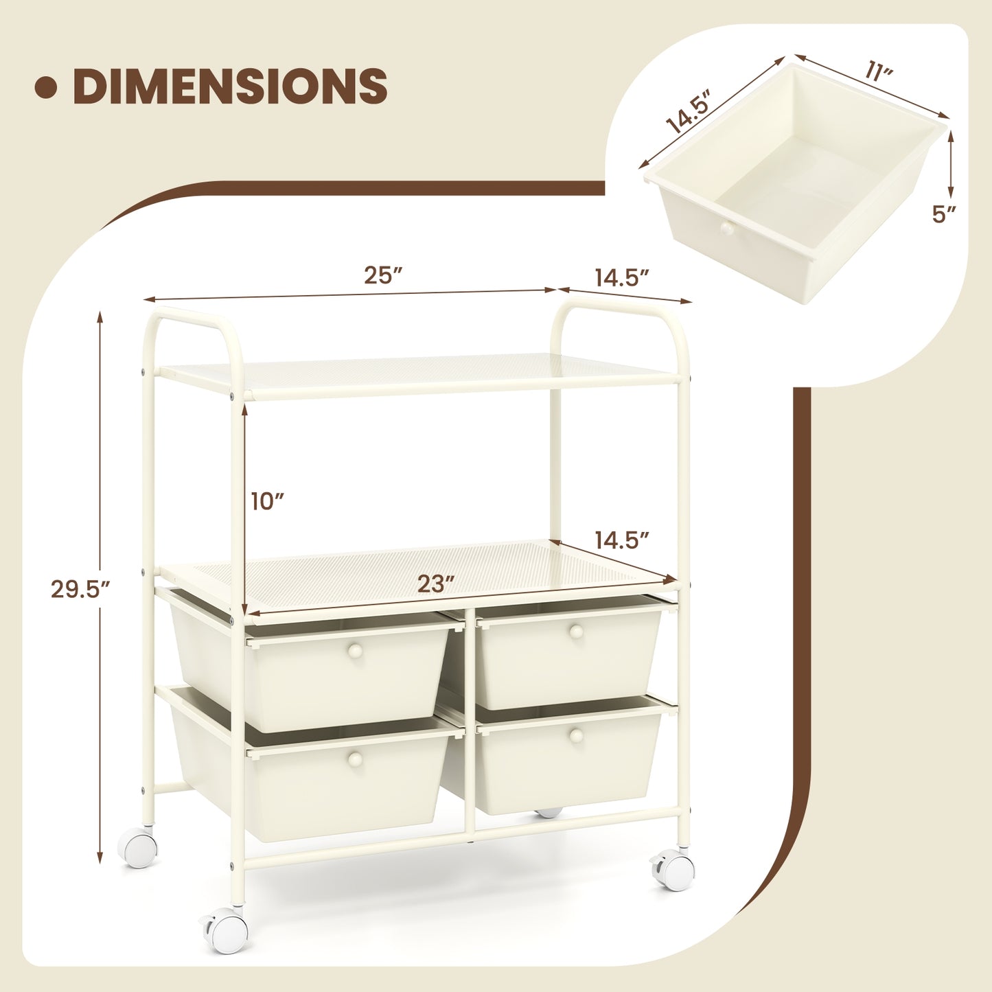 4 Drawers Shelves Rolling Storage Cart Rack-White Kids Crystal