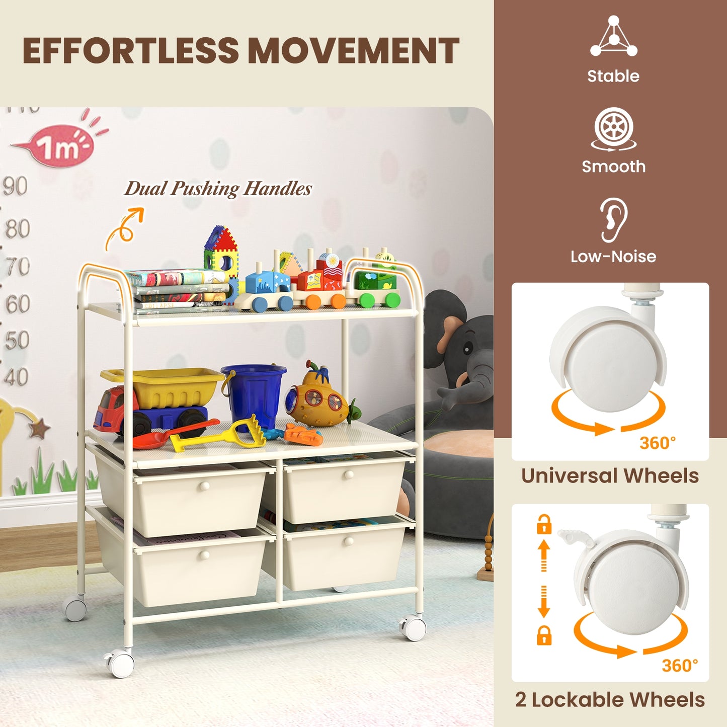 4 Drawers Shelves Rolling Storage Cart Rack-White Kids Crystal