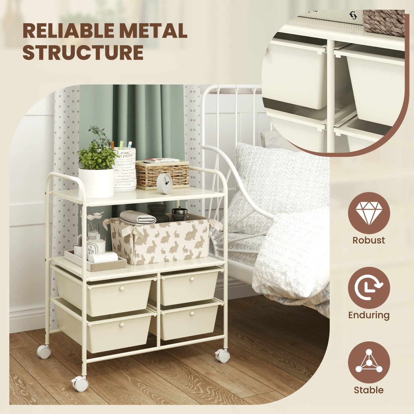 4 Drawers Shelves Rolling Storage Cart Rack-White Kids Crystal