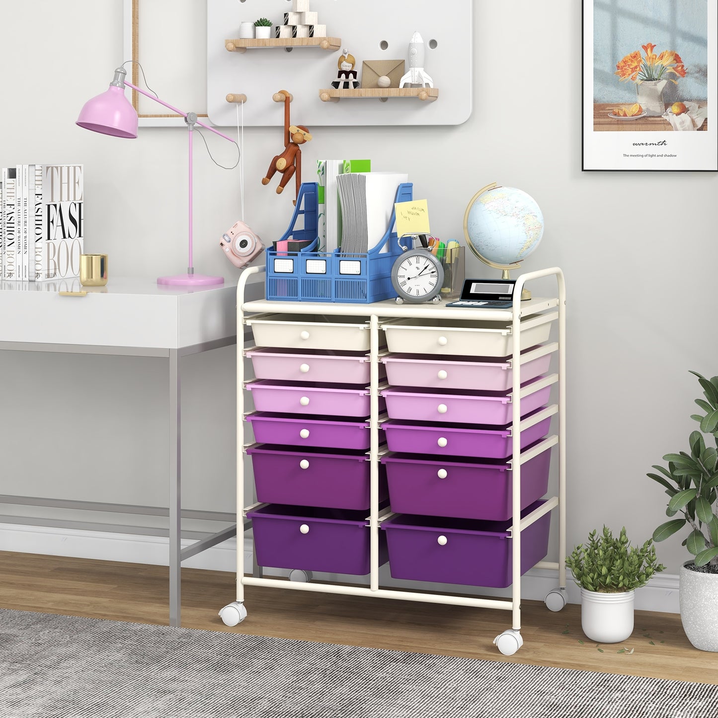 12-Drawer Rolling Storage Cart with Removable Drawers and Lockable Wheels-Purple Kids Crystal