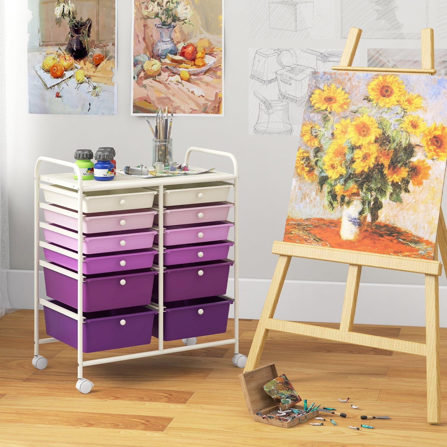 12-Drawer Rolling Storage Cart with Removable Drawers and Lockable Wheels-Purple Kids Crystal
