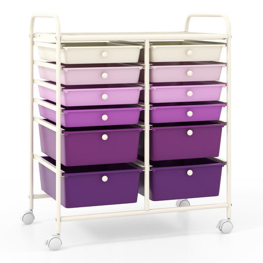 12-Drawer Rolling Storage Cart with Removable Drawers and Lockable Wheels-Purple Kids Crystal