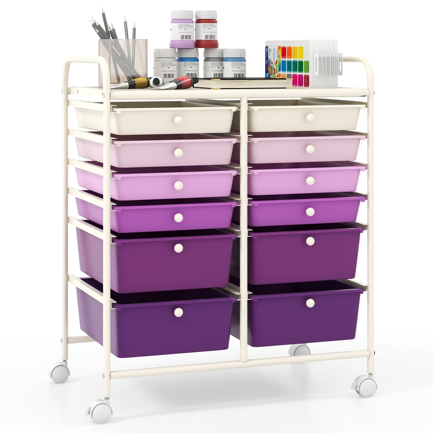12-Drawer Rolling Storage Cart with Removable Drawers and Lockable Wheels-Purple Kids Crystal