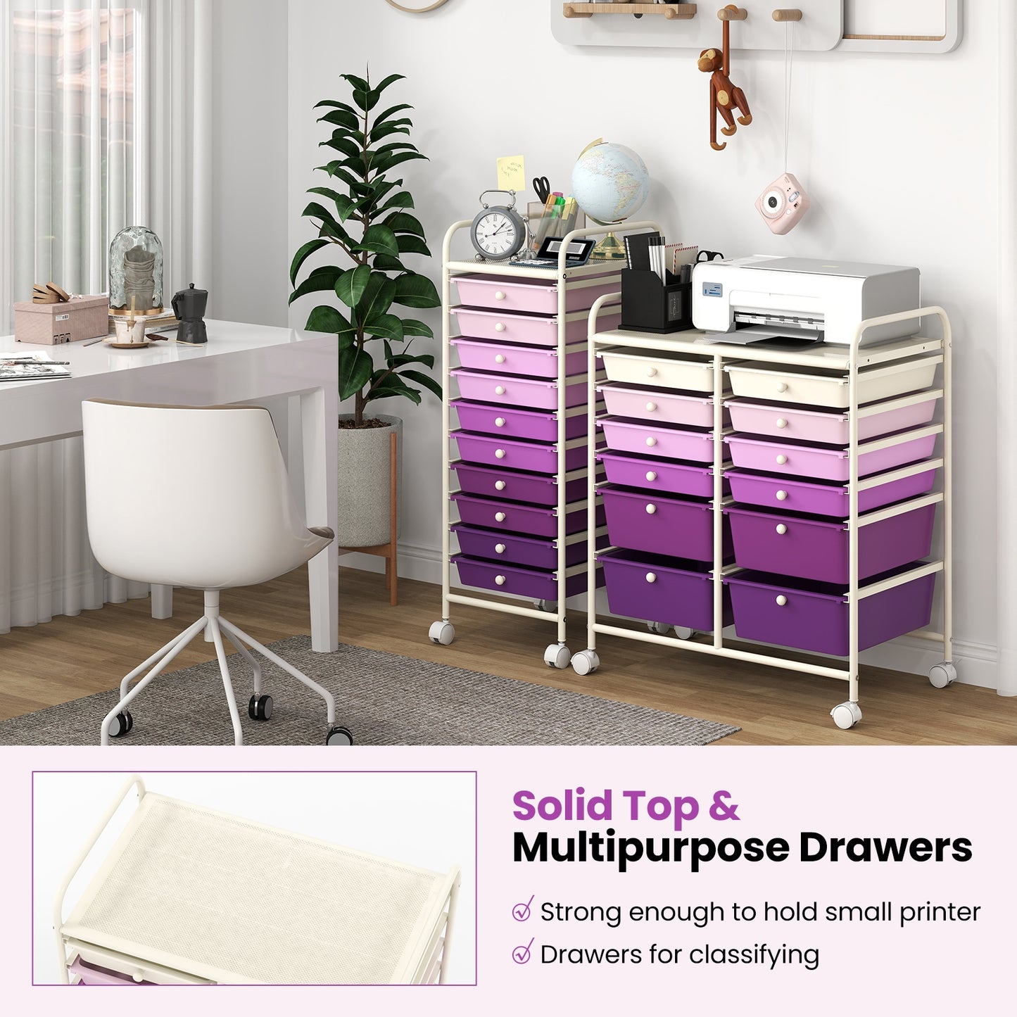 12-Drawer Rolling Storage Cart with Removable Drawers and Lockable Wheels-Purple Kids Crystal