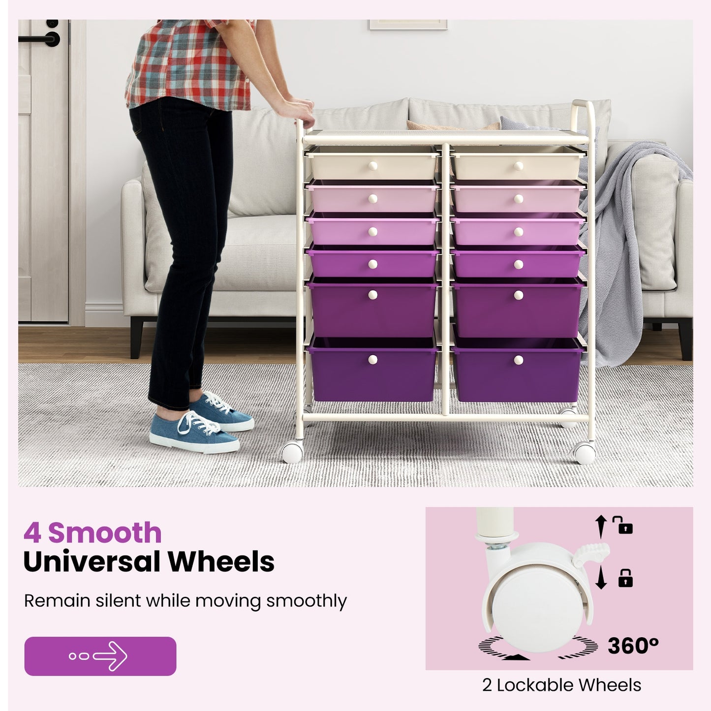 12-Drawer Rolling Storage Cart with Removable Drawers and Lockable Wheels-Purple Kids Crystal