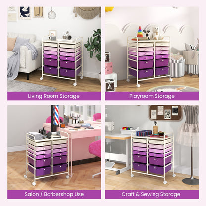 12-Drawer Rolling Storage Cart with Removable Drawers and Lockable Wheels-Purple