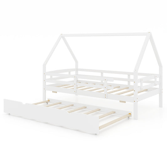 Twin House Bed with Trundle and Fence Rail-White Kids Crystal