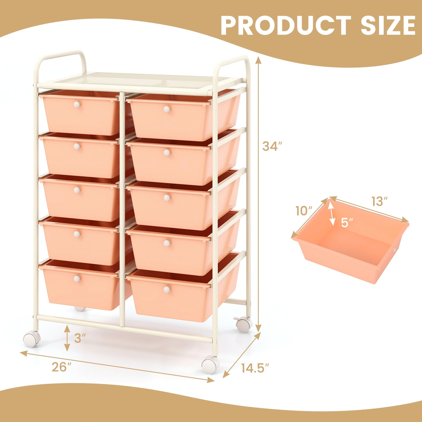 10-Drawer Rolling Storage Cart-Peach Kids Crystal