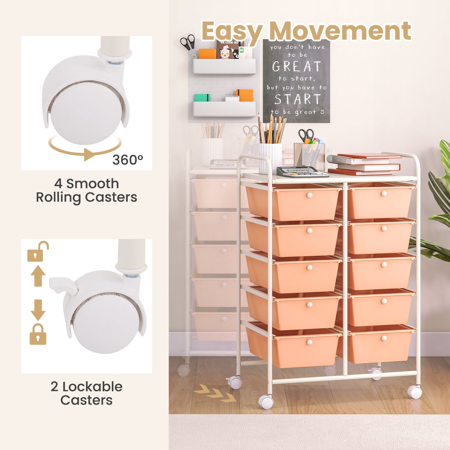 10-Drawer Rolling Storage Cart-Peach Kids Crystal