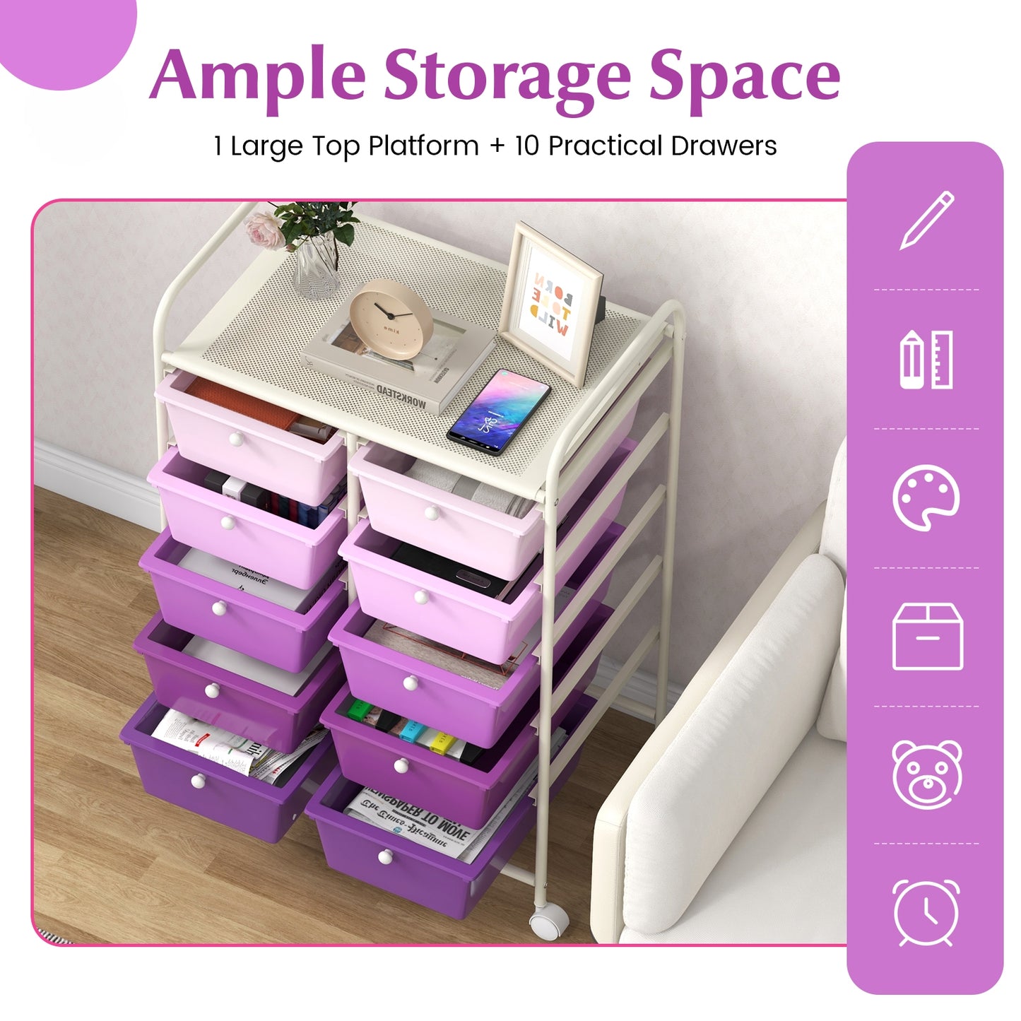 10-Drawer Rolling Storage Cart-Purple Kids Crystal