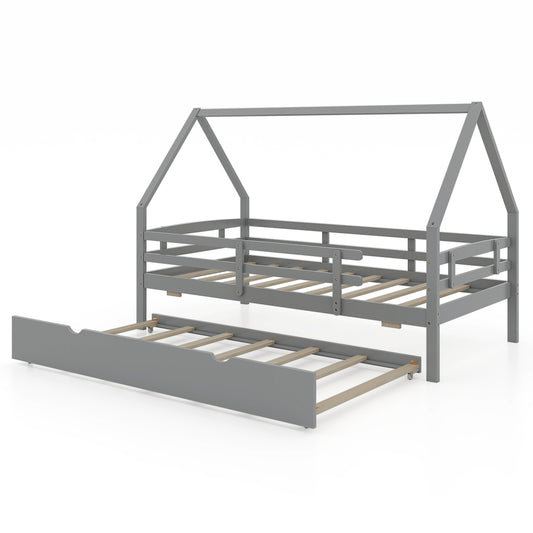 Twin House Bed with Trundle and Fence Rail-Gray Kids Crystal